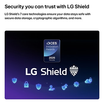 LG Shield, toegepast op LG QNED AI QNED70 Mini LED, wordt weergegeven met een LG Shield-logo in het midden, beveiligingspictogrammen onderaan en bovenaan een CES Innovation Awards 2026-badge met eervolle vermelding, die staat voor gegevens- en systeembescherming.